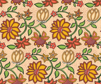 Seamless traditional floral pattern featuring stylized yellow dahlias, coral blossoms, and green vines set over a warm beige background with subtle textured lattice details.