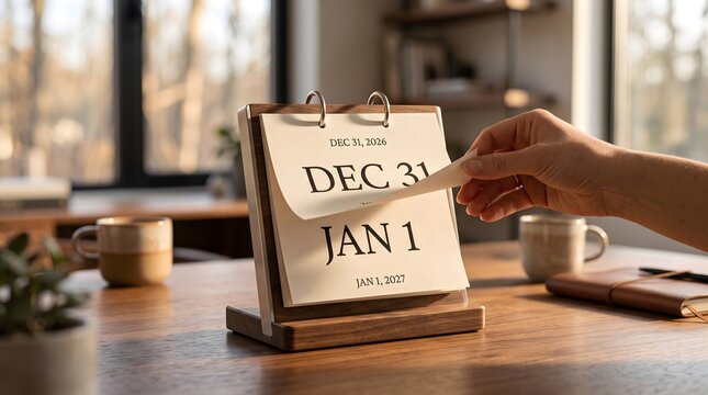 Human hand turning spiral calendar leaf from december 31 2026 to january 1 2027 on wooden table with blurred background of bright living room interior.
