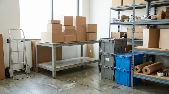 Small Business Storage Room with Cardboard Boxes and Packaging Supplies