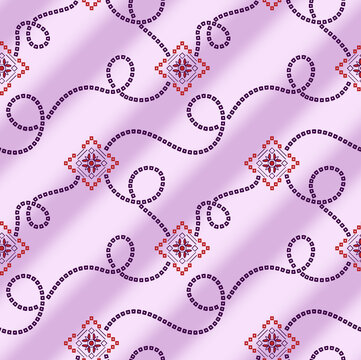 Seamless Bandhani pattern featuring dark purple dotted swirling lines and red geometric floral diamond medallions over a soft lilac background with subtle diagonal gradient shading.