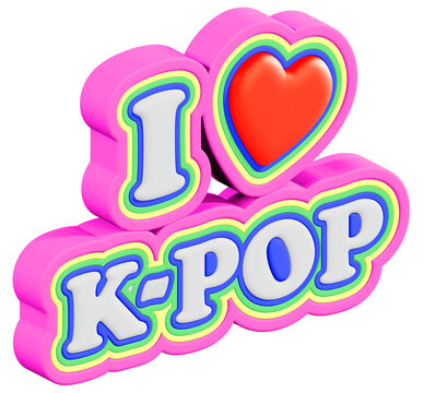 I Love K-Pop 3D text with heart and colorful rainbow outline, transparent background