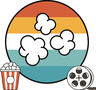 Retro Vintage Cinema Badge Design with Popcorn Kernel Pieces Film Reel and Striped Sunset Elements for Movie Theater T Shirt Apparel Prints