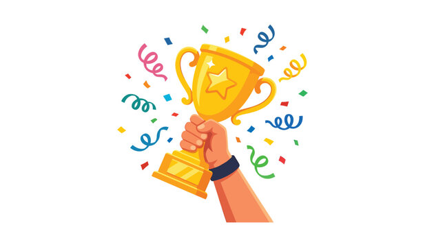 Golden trophy cup held by hand with colorful confetti, championship victory and achievement celebration illustration.
