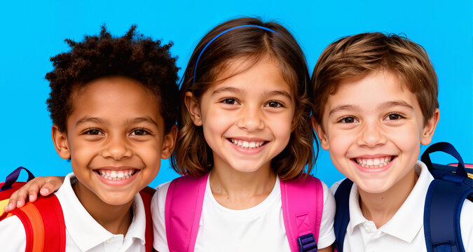 des enfants souriants, pour la rentr&eacute;e scolaire - fond bleu

