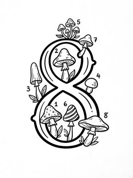 Educational counting number eight coloring sheet with numbered mushrooms and natural branches for kindergarten math worksheets.