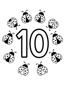 Number ten coloring page for kids featuring cute ladybug character designs arranged for basic math counting learning activity.