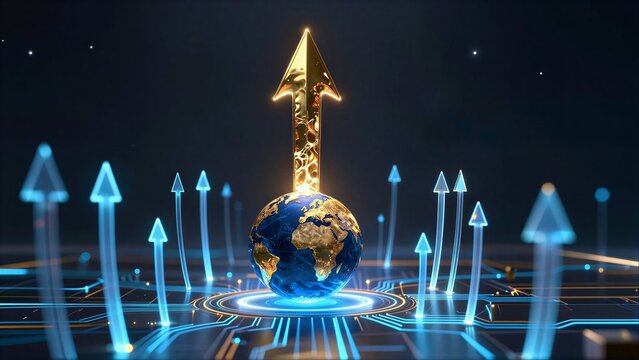 Golden arrow points upward from globe, surrounded by blue arrows on digital circuitry.