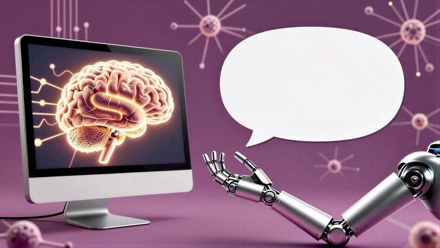 Robot hand gestures toward brain on screen, symbolizing AI understanding human thought.