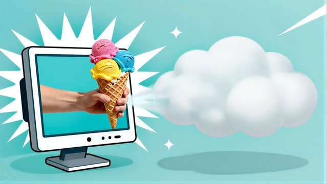 Hand holds ice cream cone on screen, clouds float beside it in bright blue setting.