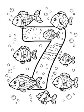 Ocean themed number seven coloring page with cute cartoon fish and underwater bubbles for children exploring marine life counting.