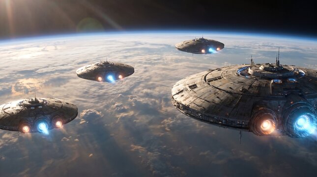 Futuristic spaceships hovering above Earth with glowing engines