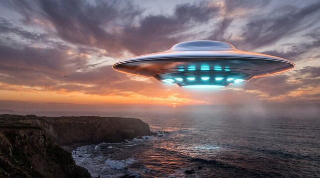 Futuristic UFO hovering over ocean at dramatic sunset