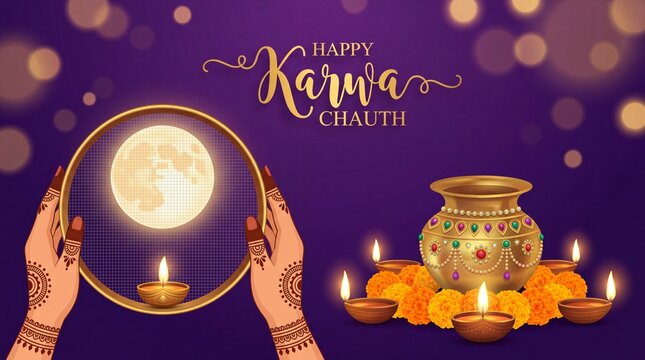 Happy Karwa Chauth festival card with gold patterned and crystals on paper color Background.
