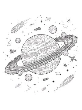 Outer space scene with planet saturn surrounded by rings and moons, comets and spaceships for cosmic exploration and science.