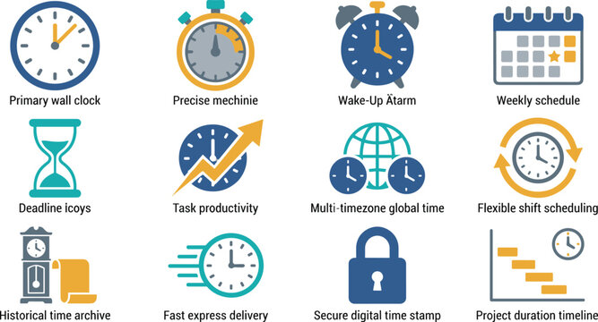 Time management vector icon set featuring flat clock symbols for weekly schedule deadline global timezone productivity tracking project timeline and fast express delivery management