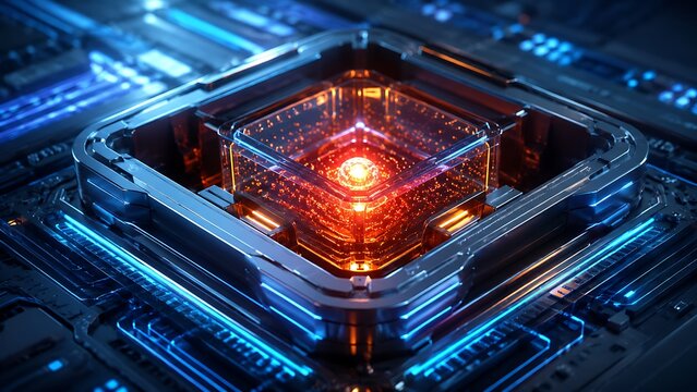 Glowing Quantum Computing Microchip Core on Futuristic Circuit Board