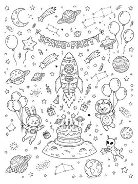 Space party celebration with cute astronaut animals, alien, cake, and planets, ideal for children's event invitations.