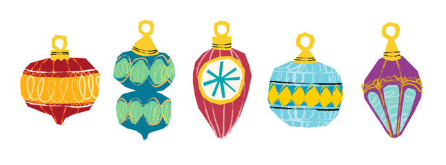 Naklejka premium Set of Christmas ornaments in paper cut collage style, Holiday baubles vector element set for winter celebration, Christmas, New Year, greeting cards, invitations, birthday party, gift