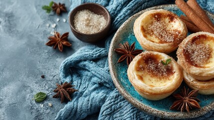 Fototapeta premium Pastel de nata on a blue plate, garnished with star anise, sugar, and cinnamon. A blue knit blanket adds charm to this pastry scene