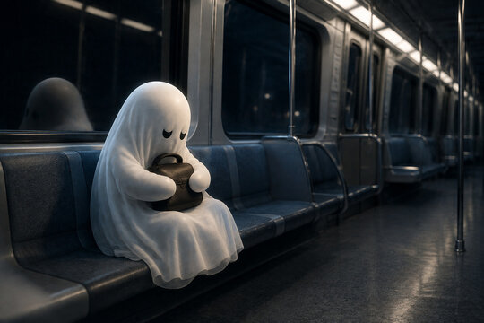 White Ghost Sitting Alone Inside a Subway Train