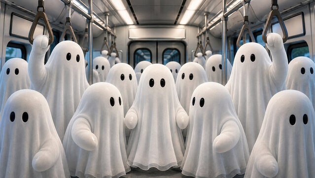 Group of White Ghosts Riding Inside a Subway Train