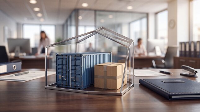 Logistics and Global Trade Concept. Blue cargo container and cardboard box inside a glass house outline on an office desk. Symbols of supply chain management and international export