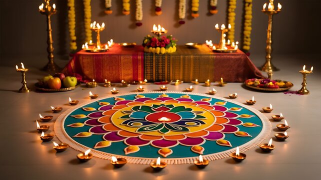 Diwali celebration with colorful rangoli diyas candles and festive decorations
