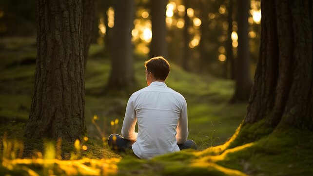 Man meditating peacefully in a sunlit forest surrounded by tall trees
