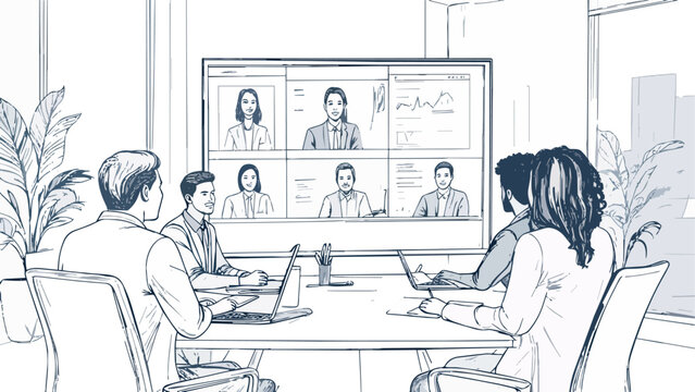 Business people attending online video conference meeting