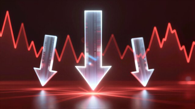 Red arrows and graph lines indicate a sharp decline in market performance.