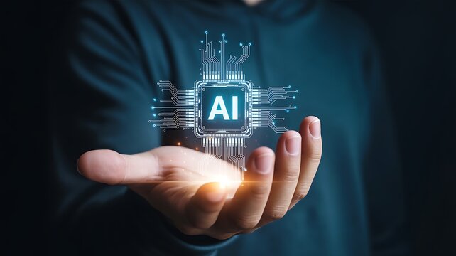 Artificial intelligence concept with glowing ai interface above a person's hand