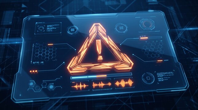 Futuristic digital dashboard displaying a glowing orange warning triangle alert icon with exclamation mark on a dark blue holographic user interface with data analytics.