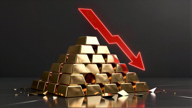 Golden bars pile up as red arrow signals sharp decline in value, symbolizing financial loss.