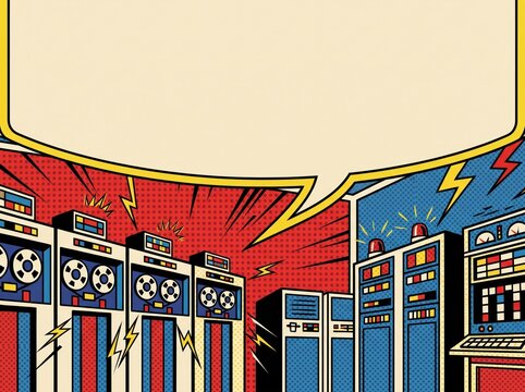 Vintage Mainframe Server Room Retro Comic Style Illustration with Speech Bubble for Text