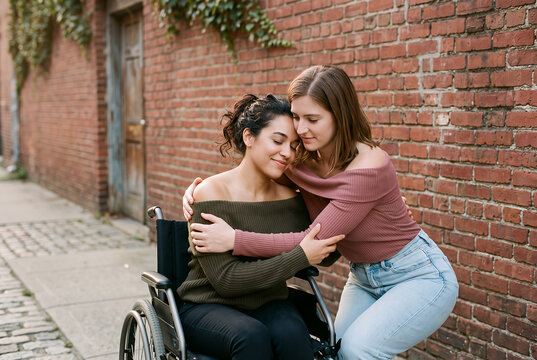 Young woman hugging friend in wheelchair showing support together
