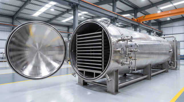 Large stainless steel freeze dryer with open door inside a modern industrial manufacturing facility