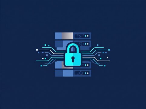 Digital Cyber Vault Securing Server Rack with Glowing Cyan Padlock Icon, Modern IT Security Concept