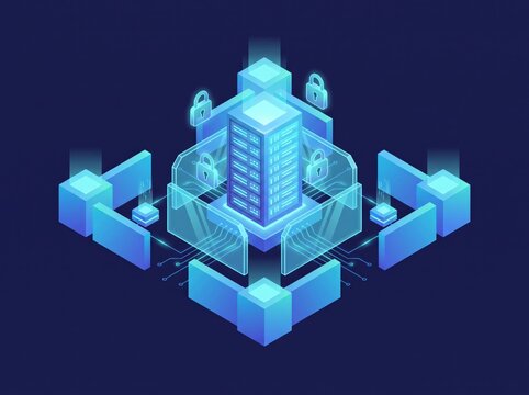 Secure data fortress illustration with glowing server, firewall, and digital padlocks in modern IT infrastructure