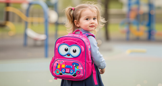 Adorable toddler girl with funny backpack ready to go to daycare, kindergarten or school

