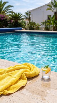 Yellow Beach Towel and Refreshing Drink Beside Swimming Pool