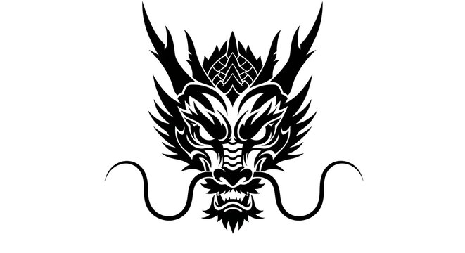 Detailed black and white illustration of a traditional asian dragon head with whiskers and ornate scales