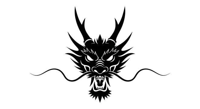 Detailed black silhouette of a traditional dragon head with horns and whiskers facing forward