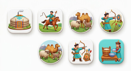 Fototapeta premium Mongolian Nomadic People Traditional Culture and Steppe Lifestyle Icon Vector