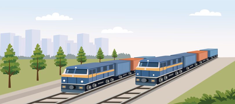 Two Trains on Parallel Tracks Illustration. Cargo Railway Transportation. Freight Trains on Parallel Railway. 