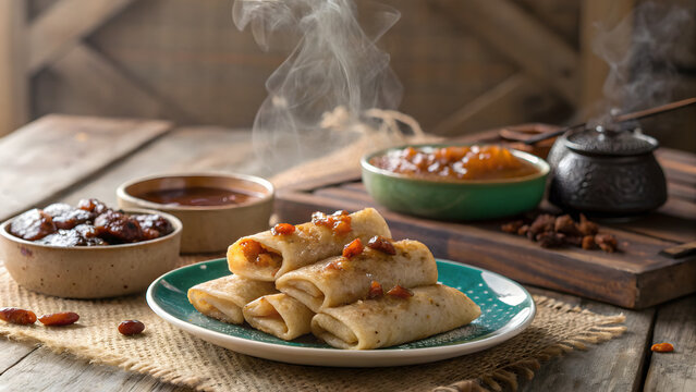 Steaming traditional pitha rolls served on a plate with sweet syrup and dried fruits