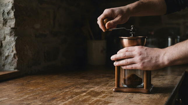 Person manually grinding roasted coffee beans in a wooden mill