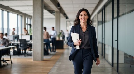 Fototapeta premium Smiling Businesswoman Walking Down Corridor Holding File Folder in Modern Corporate Building