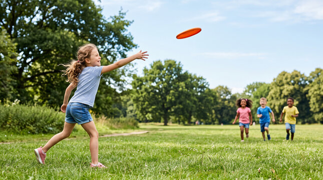 Group of happy children playing with a flying disc in a sunny summer park.