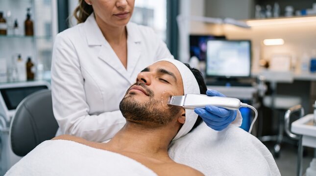 A man lies relaxed as a female doctor performs a radiofrequency skin tightening treatment on his jawline in a modern dermatology clinic.