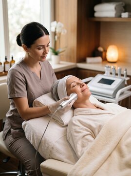 A smiling senior woman with gray hair receives a radiofrequency facial treatment from a specialist in a cozy spa setting.